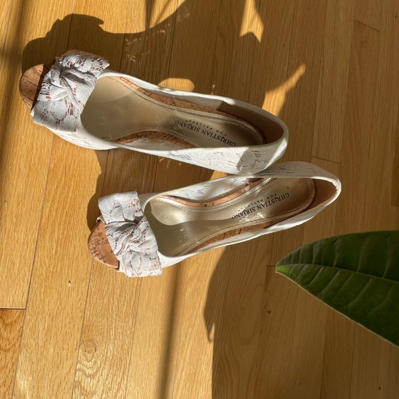 White lace open toe cork heels shoes 8.5 - Picture 10 of 13